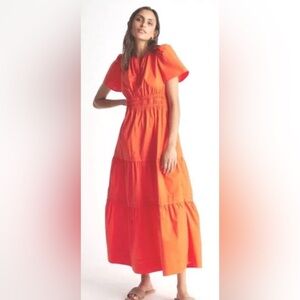Quince 100% Organic Cotton Tiered Maxi Dress in Vermilion Red, Size Medium